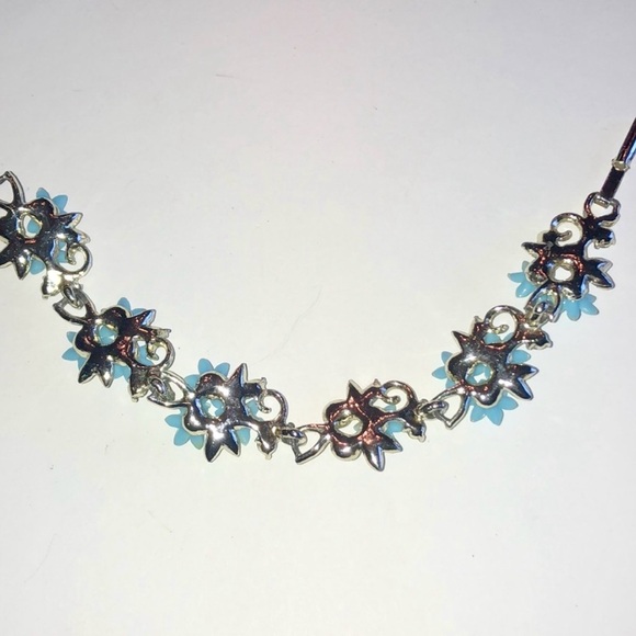 Vintage Silver Tone Blue 3D Flower CZ Rhinestone Classic 50s 60s Boho Bracelet - Picture 6 of 7